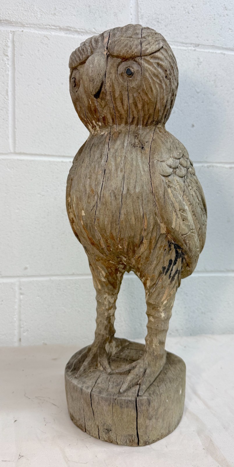 Large Antique hand carved solid wood Folk Art owl sculpture statue figure
