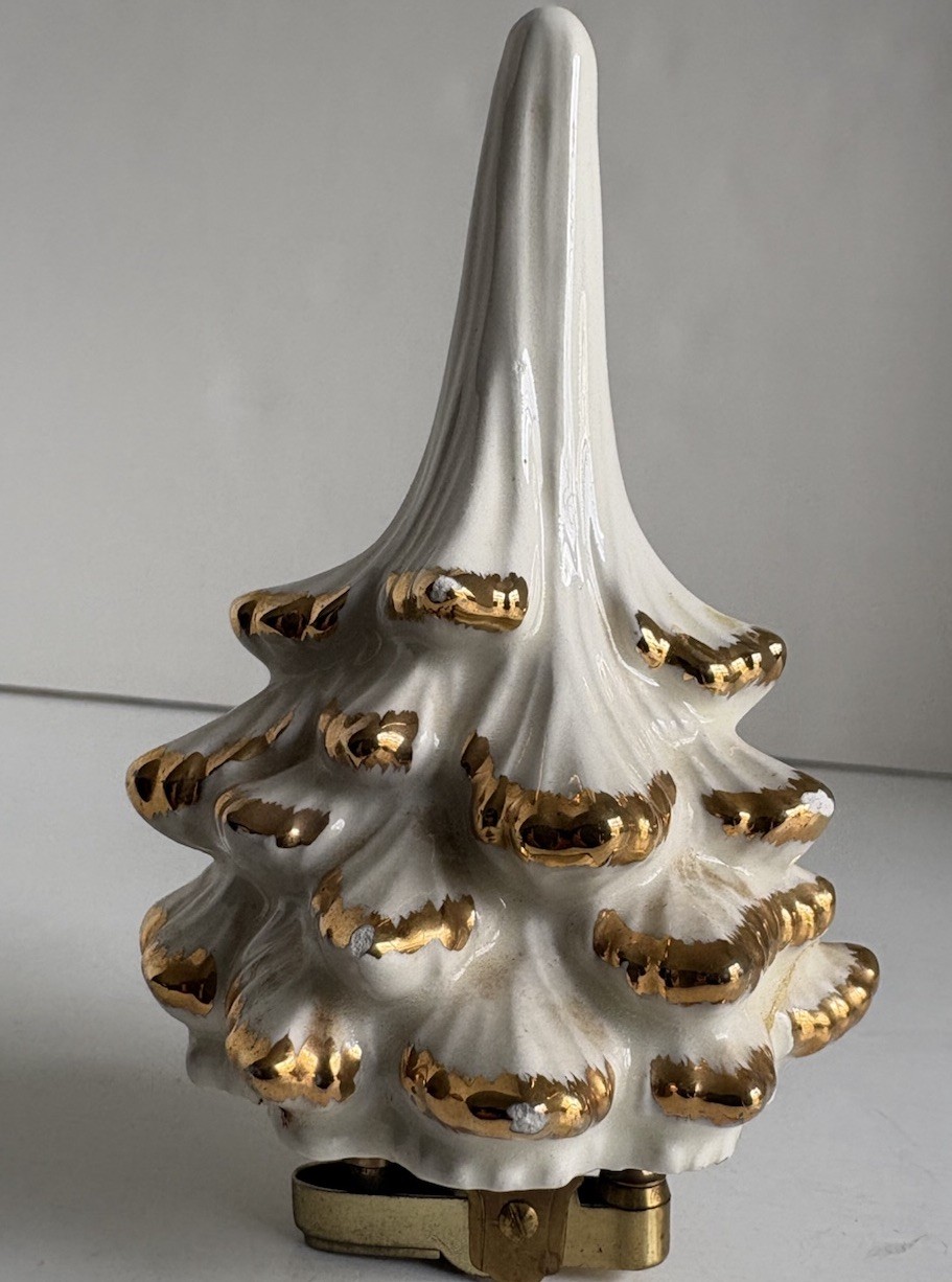 Vintage White Gold Ceramic Christmas Tree with Lighter MCM 4 1/2
