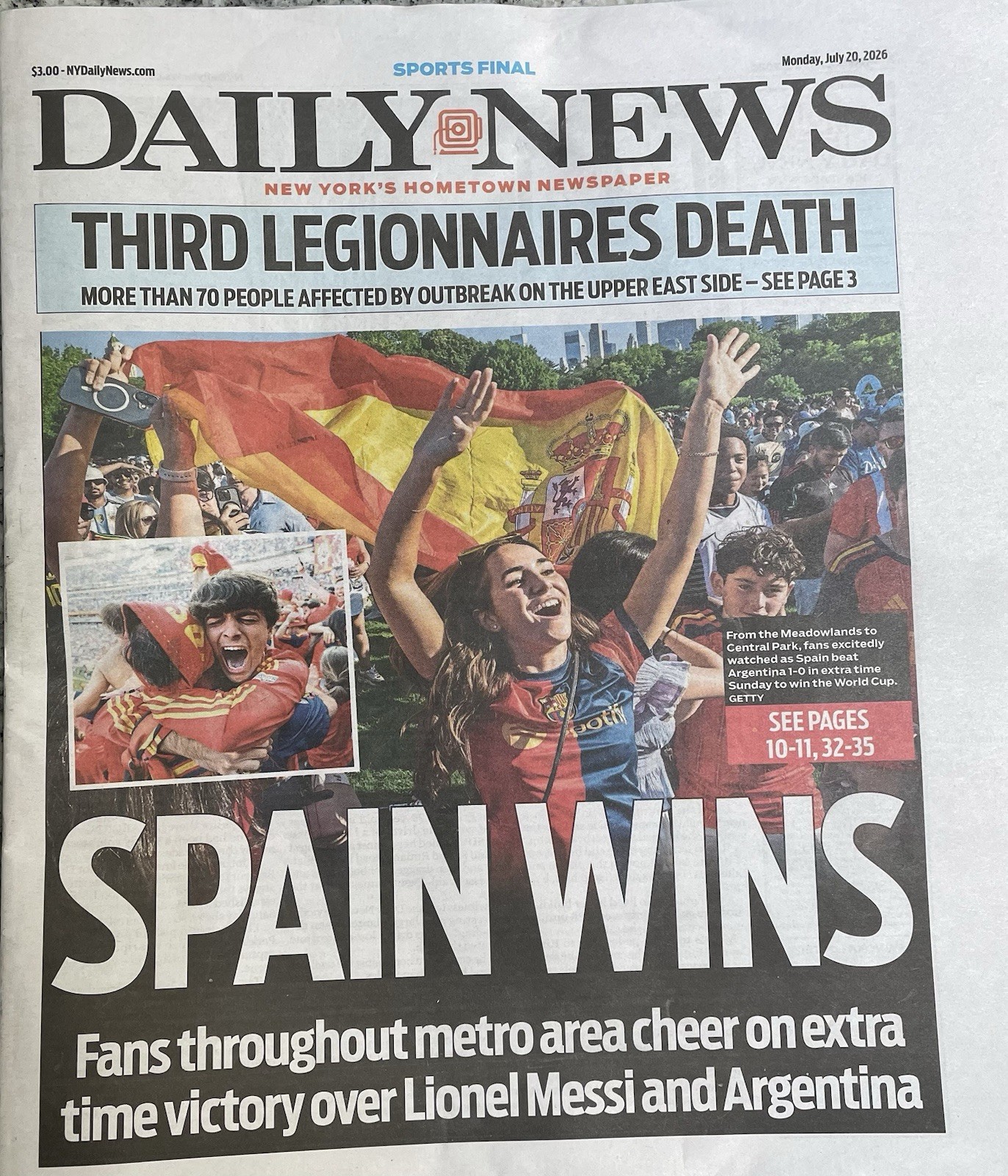 NEW YORK DAILY NEWS NEWSPAPER  SPAIN WINS 🇪🇸 FIFA  World Cup July 20, 2026 🏆