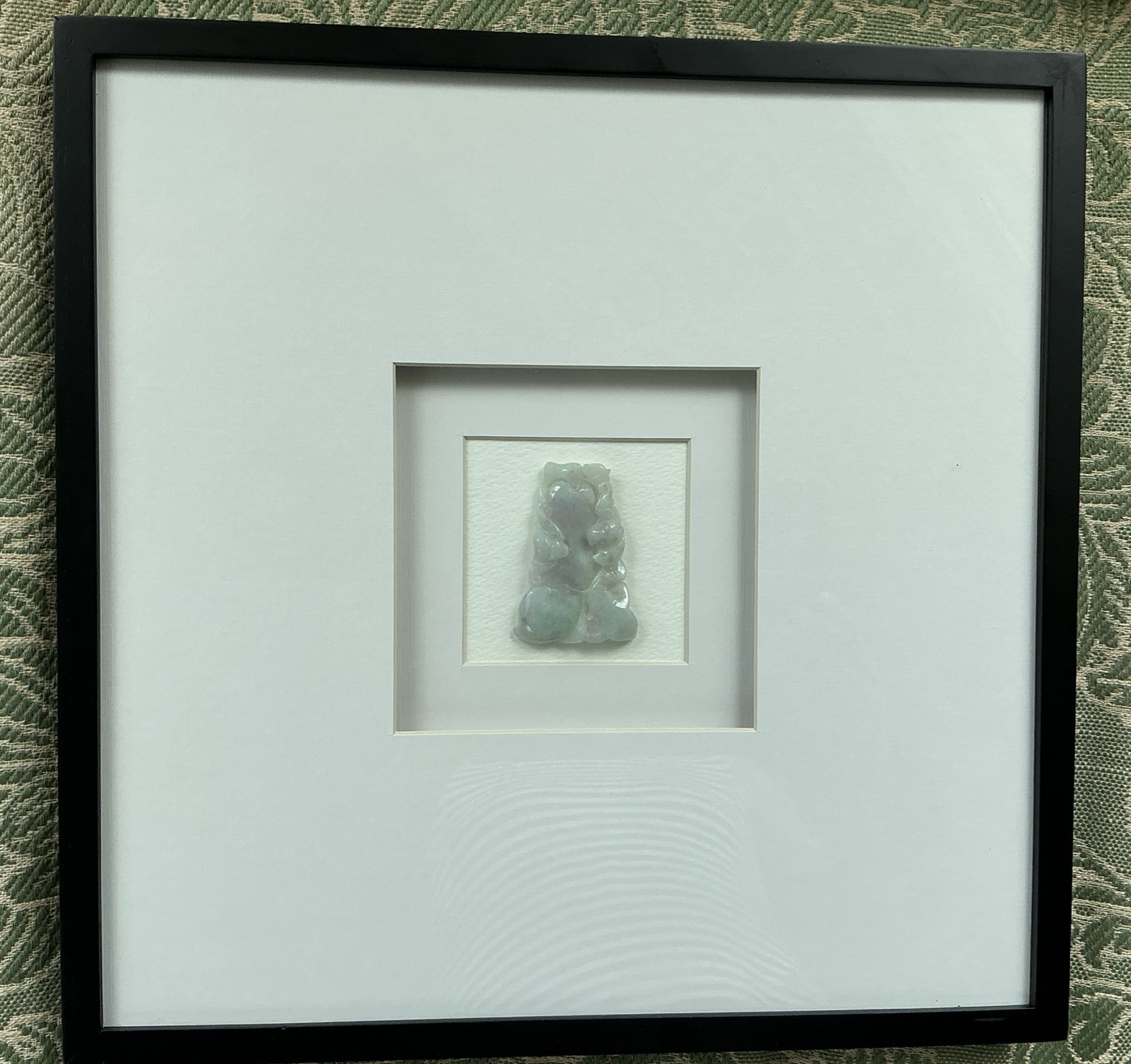 BLACK WOODEN FRAMED CARVED GREEN JADE-15”x 15” SHADOW BOX WITH DBL WHITE MATT