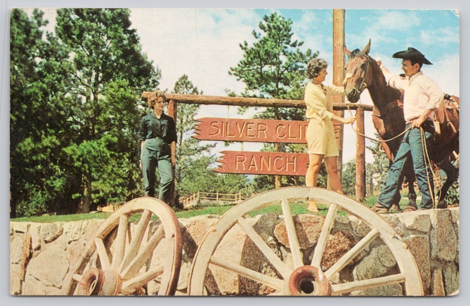 Silver Cliff Ranch Buena Vista CO 1966 Postcard Horse & Wagon Wheels Colorado