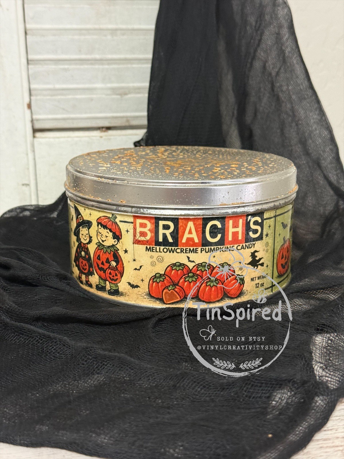 Vintage Inspired Halloween Tin Primitive Pumpkin Candy Rustic Farmhouse Fall