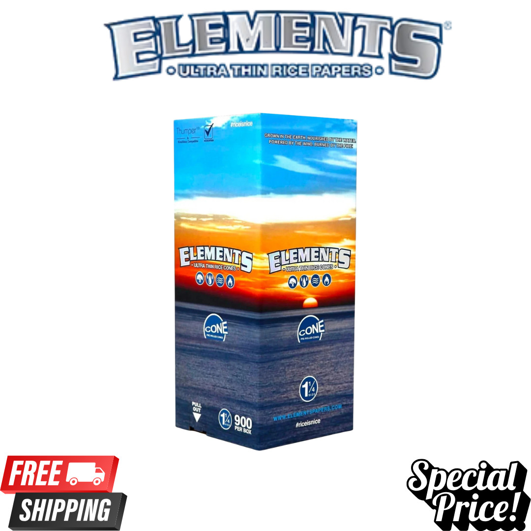 Elements 1 1/4 Pre Rolled Cones (Bulk 900 Ct) Ultra-Thin Rice Paper Official Box