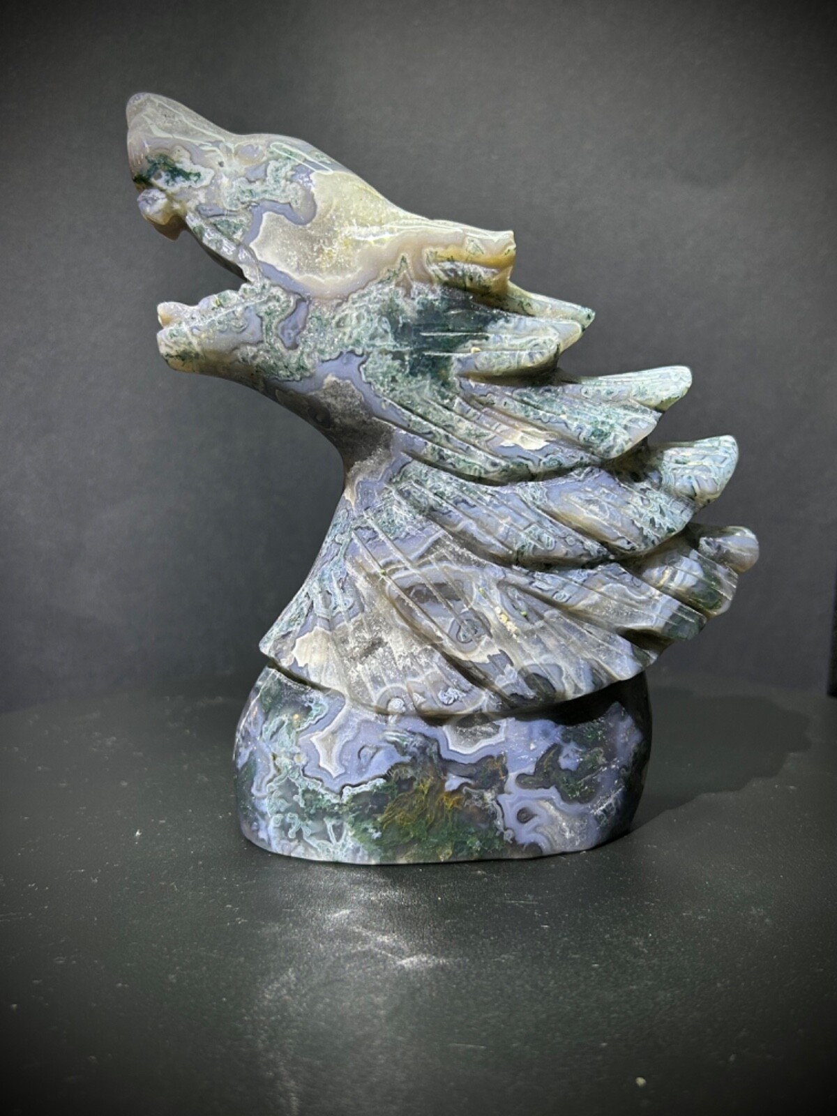 Large Moss Agate Wolf Carving With Druzy 5.75” tall 2lb 3oz