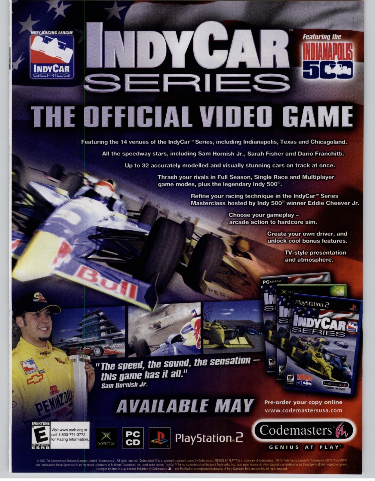 2003 IndyCar Series Vintage Print Ad/Poster PS2 Xbox PC Sam Hornish Jr. Racing