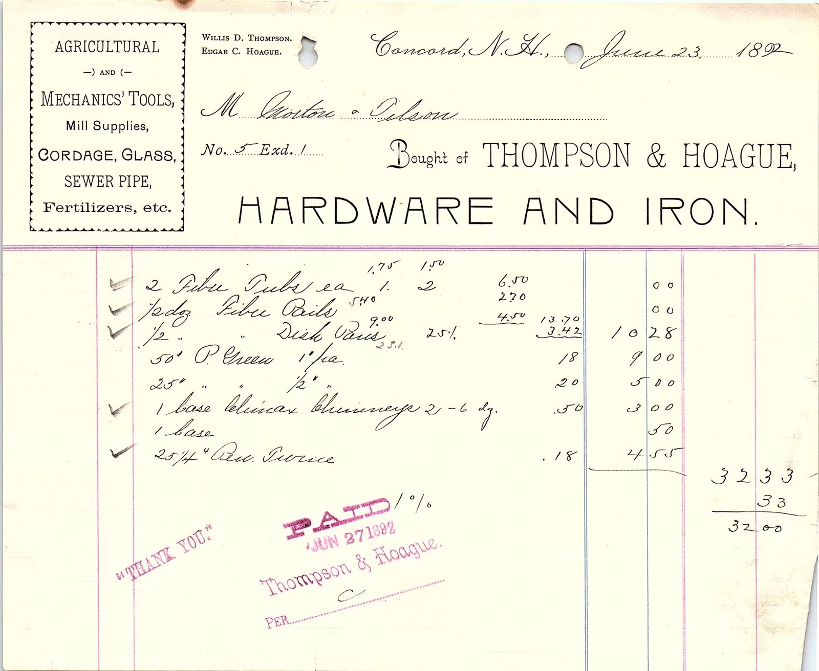 Vintage 1899 Thompson & Hoague Hardware & Iron Billhead