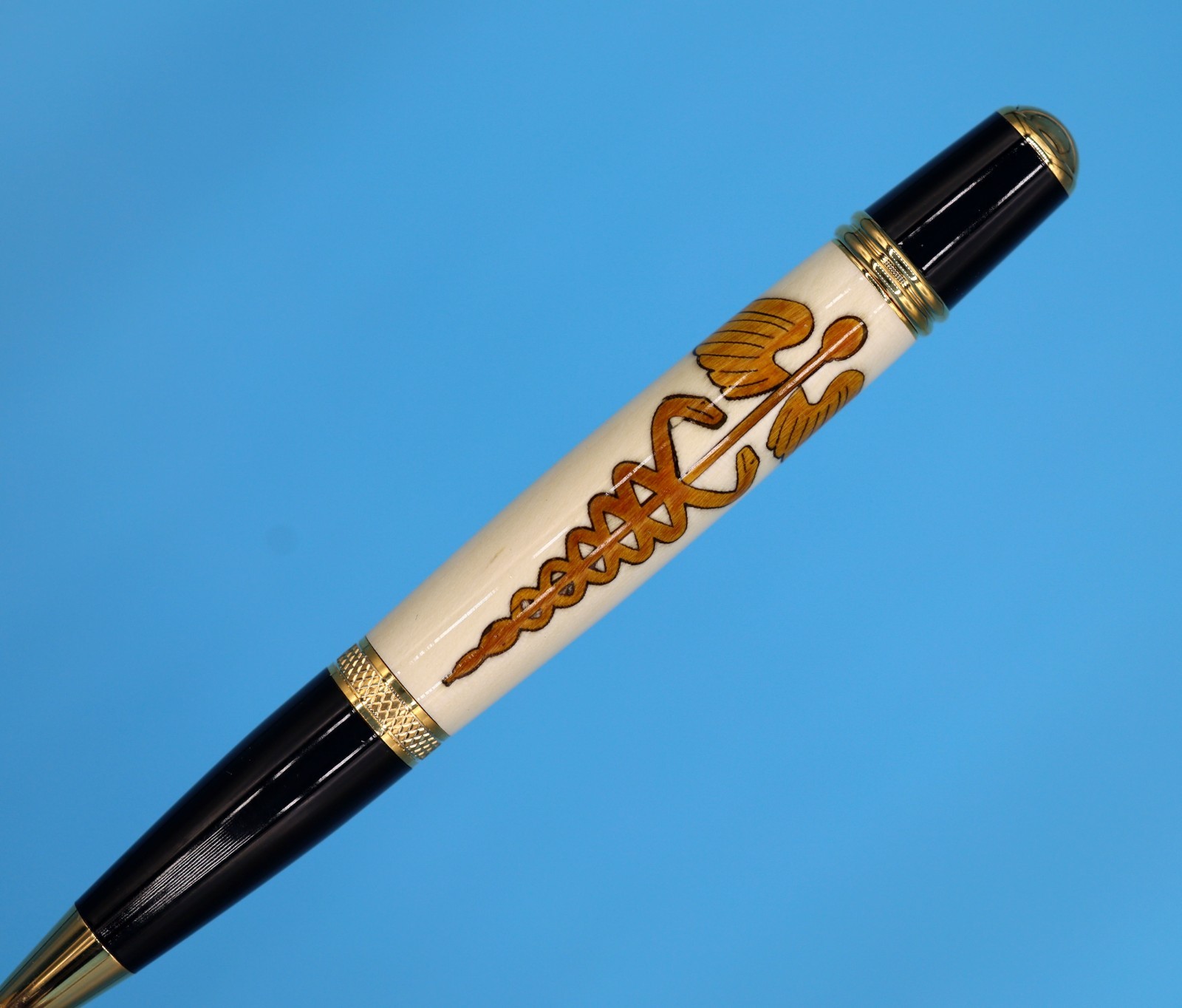 Handmade Sierra Gold Caduceus Pen Wood Inlay Laser Cut Medical Gift