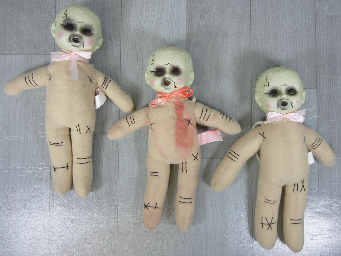 Lot of 3 Creepy Zombie Baby Dolls Halloween Vamp Plastic Head Amscan Bloody Prop