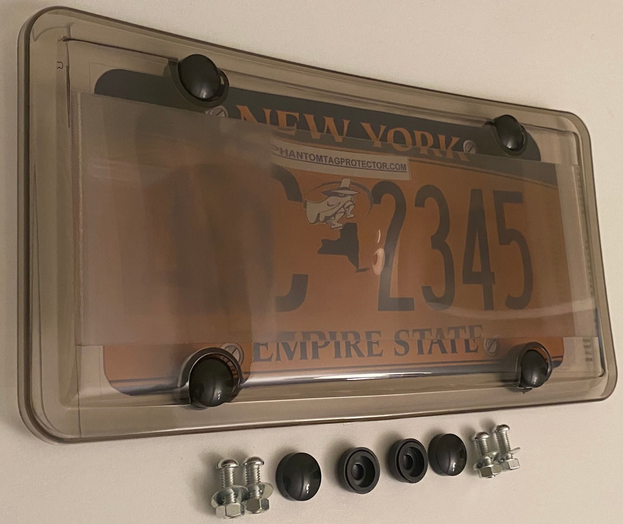3rd Gen. Phantom Tag Protector Tinted License Plate Cover & Black Caps + Bolts