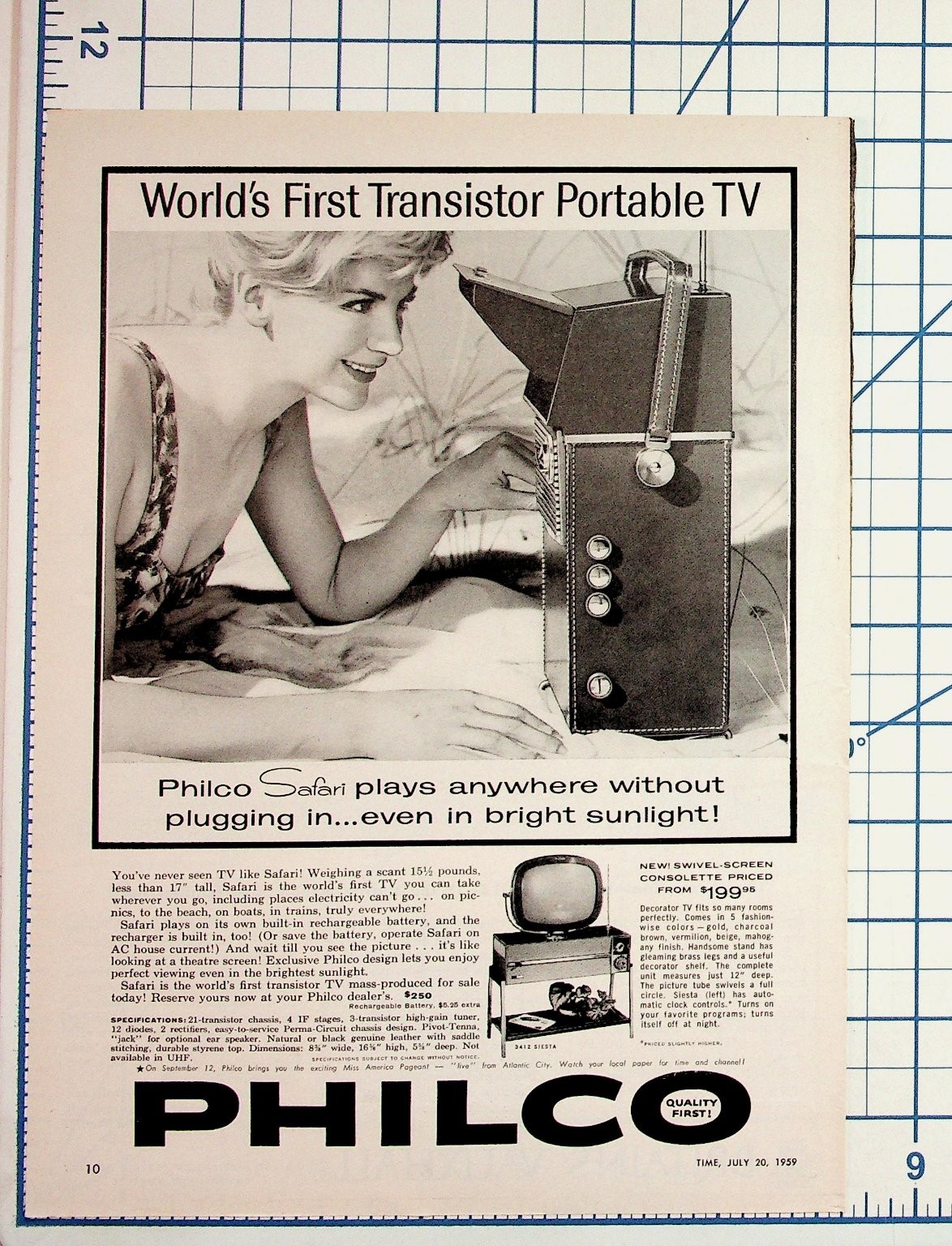 1959 Philco Safari Portable Transistor TV Magazine Ad Vintage Ephemera