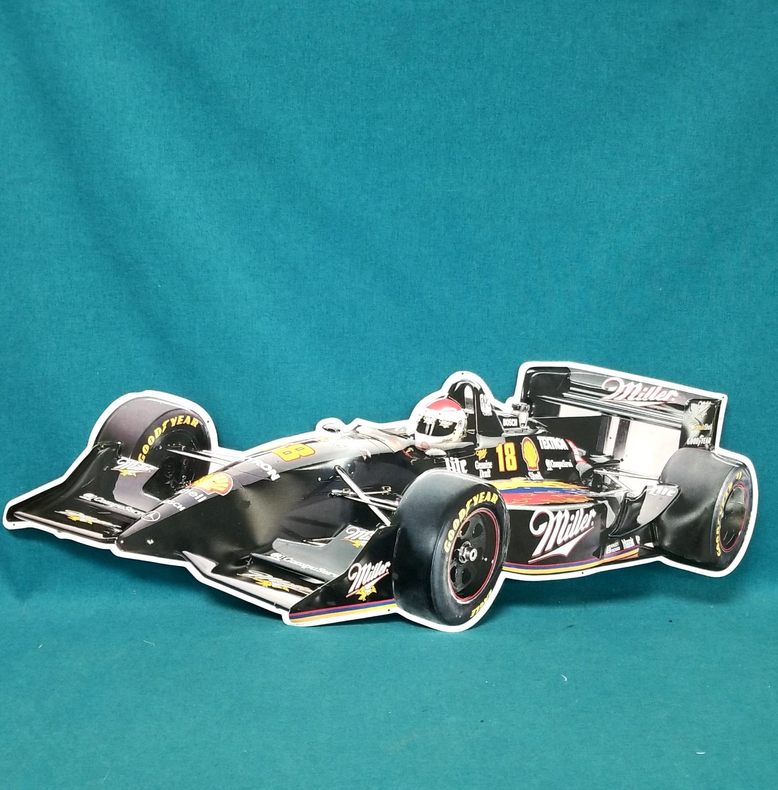 Vintage 1990s Miller #18 Bobby Rahal Indy Racing Car Tin Litho Wall Hanging 39\
