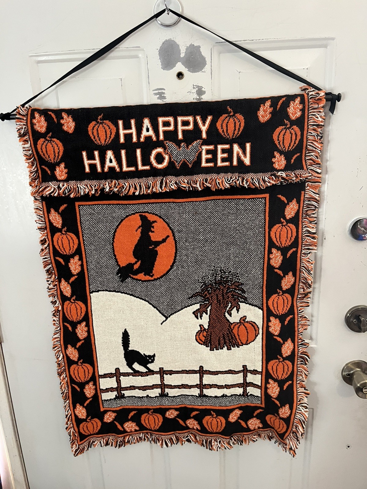 MWW 1991 Happy Halloween Vintage Tapestry Hanger -Witch Cat 23” X 30”