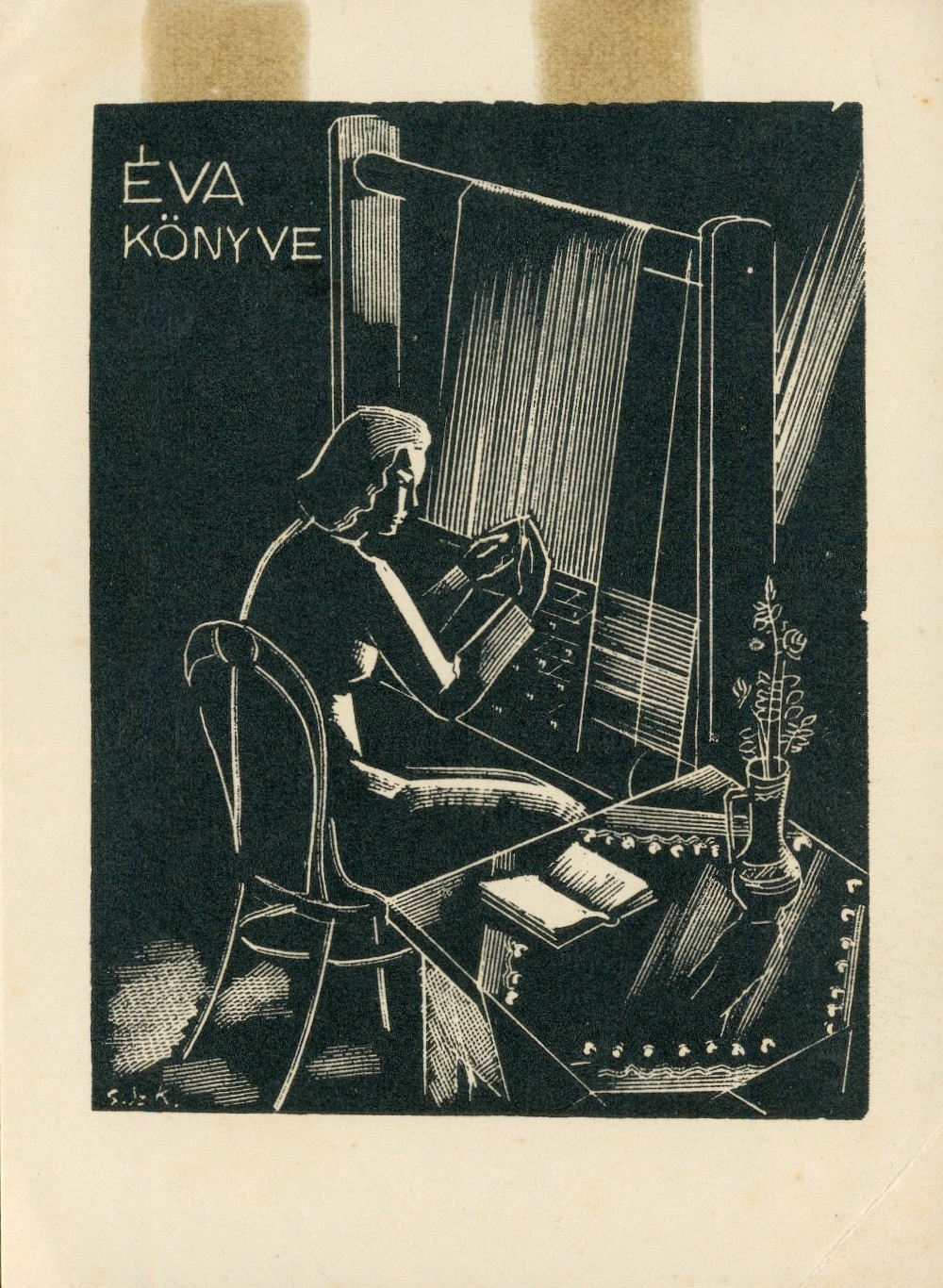 Vtg Bookplate Ex Libris Eva Konyve Woman Weaving Loom Woodcut Gaborjani Y2133