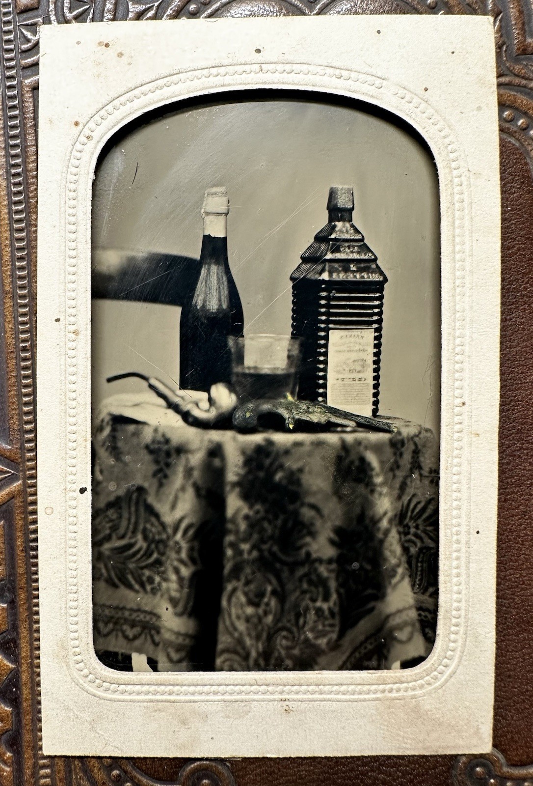 Amazing Tintype 1860s Liquor Smith & Wesson Gun Antique Still Life Rare Photo