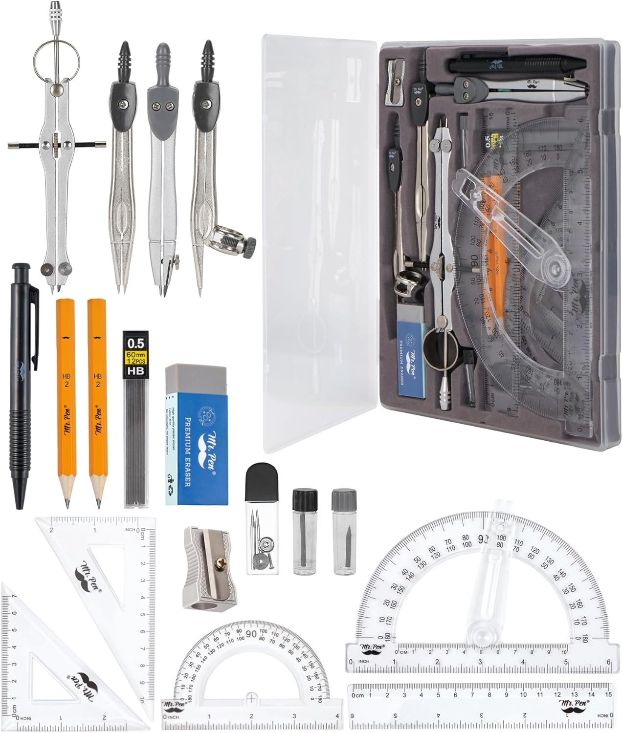 15 Piece Mr Pen Geometry Math Tool Set With Swing Arm Protractor