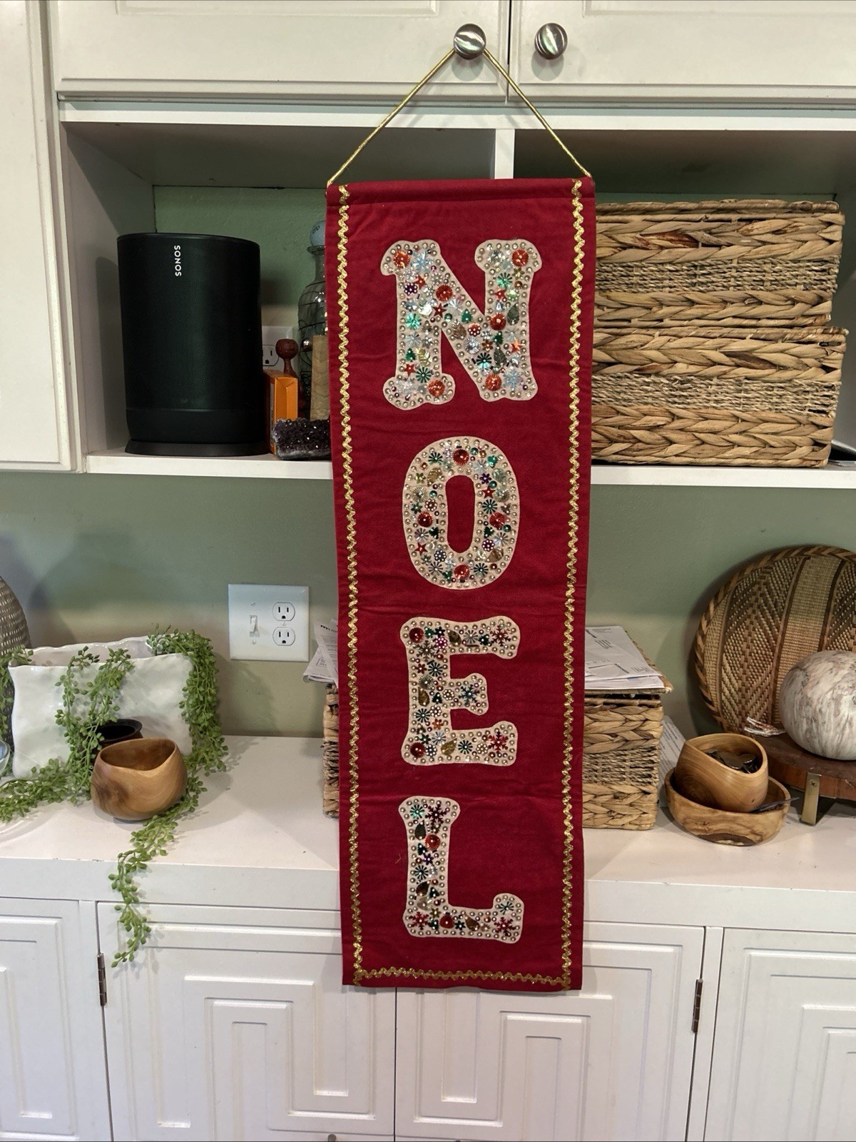 Vtg 60s70s  NOEL Completed Felt Sequin Wall Hanging Banner Christmas 34x10.5”mcm