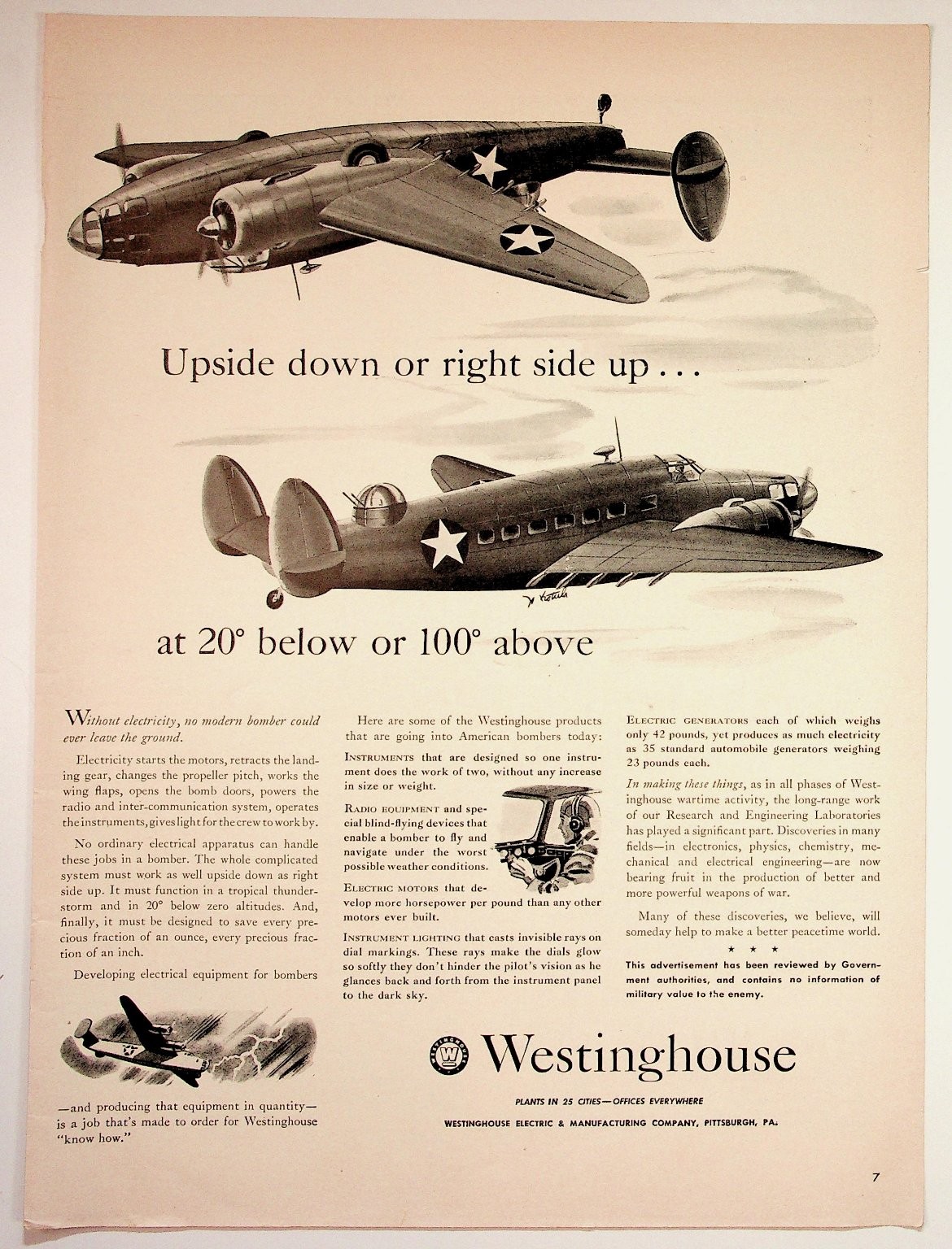 WWII Westinghouse Bomber Ad 1940s Original Print Ephemera US Military Plane