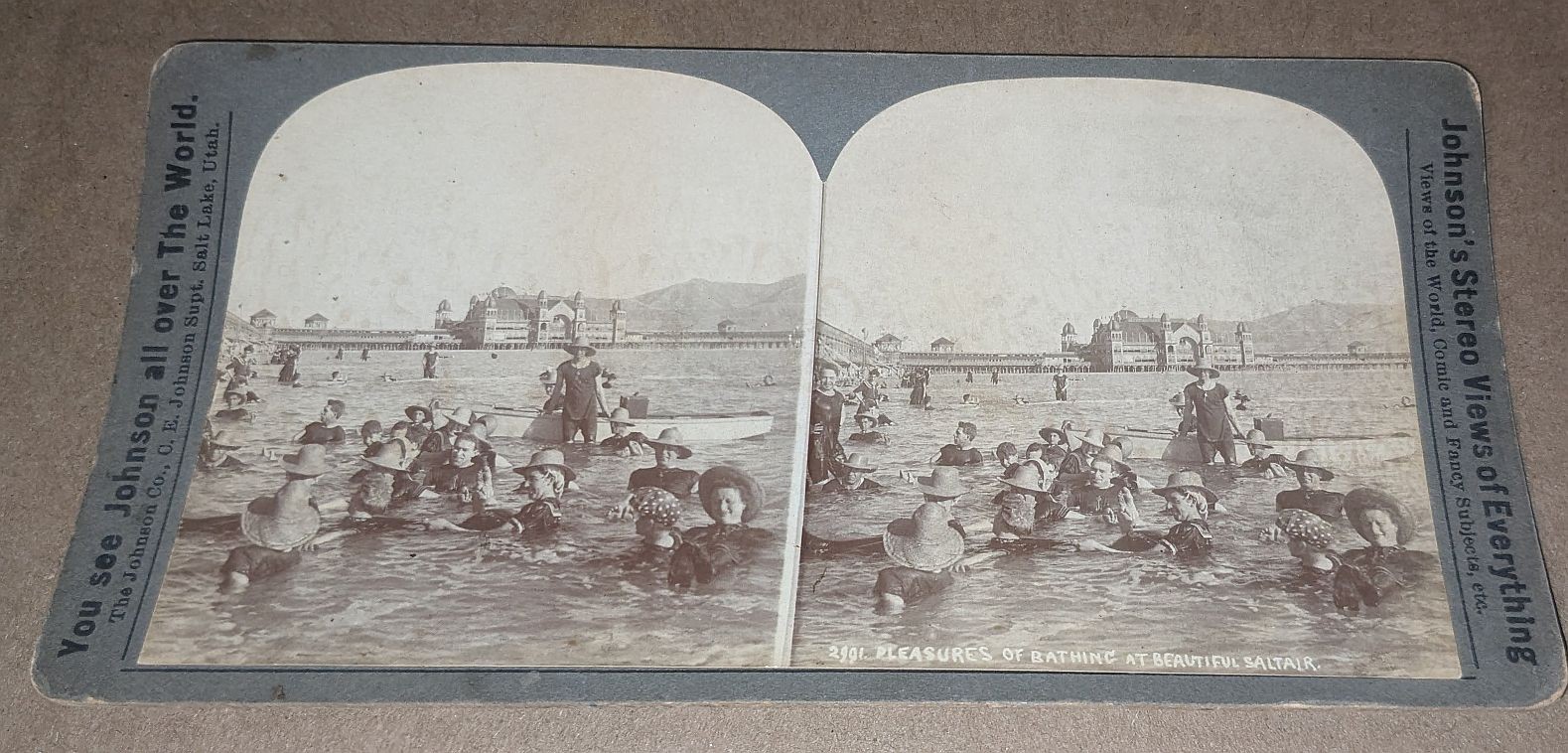 Johnson Salt Lake City Utah Stereoview Pleasures of Bathing at Beautiful Saltair