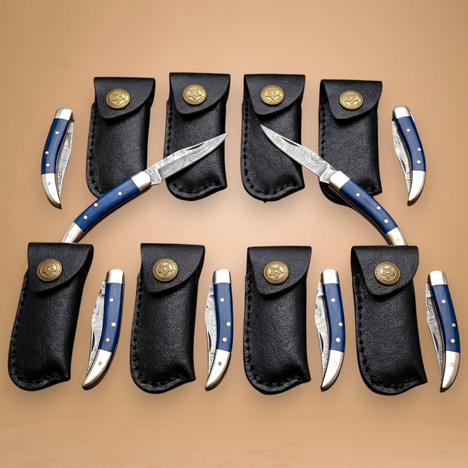 8pc Damascus Pocket Knife Set Blue Bone EDC Folding Knife Lot w/Leather Sheaths