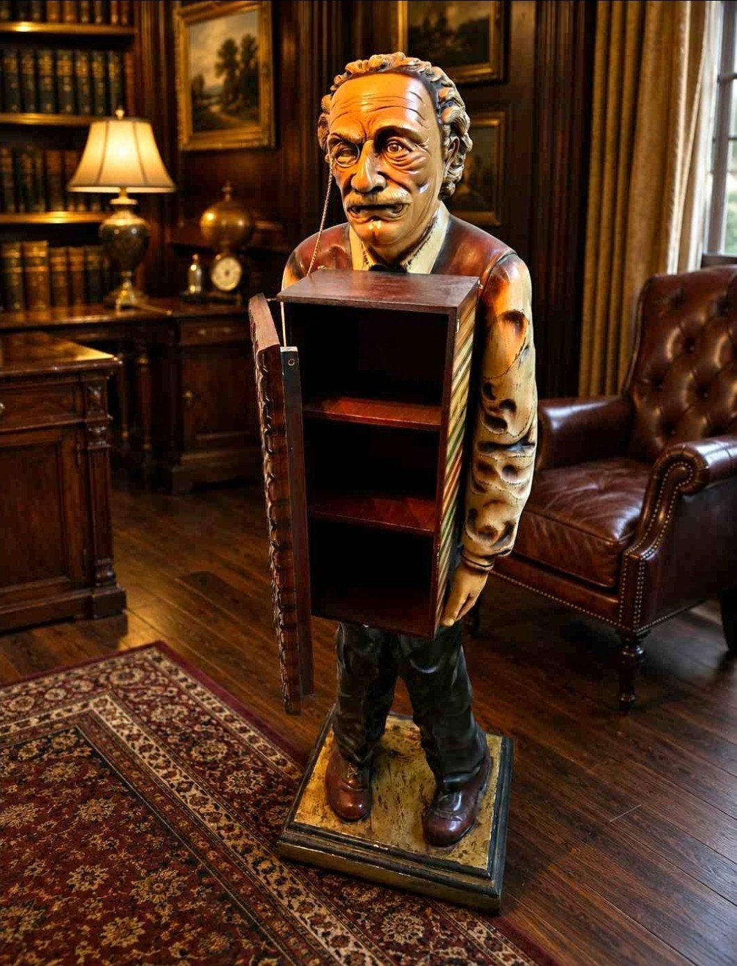 Albert Einstein Resin/Wood Statue w/ Cabinet Bookcase Storage 80's Collectible