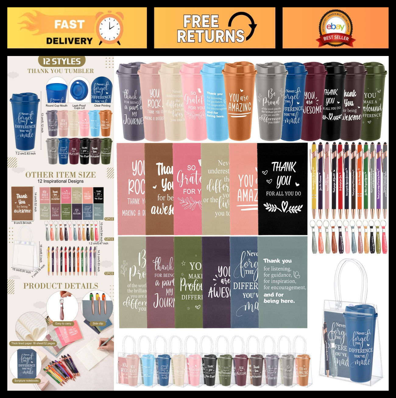 60 Pcs Employee Appreciation Gift Set - 24 oz Cups, Notebooks, Pens & Keychains