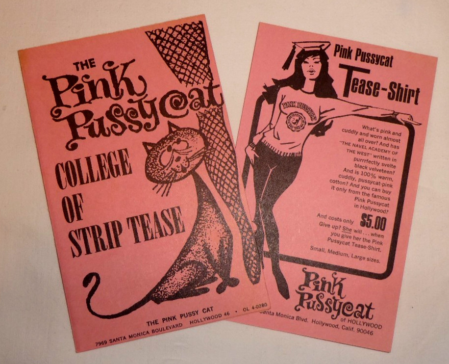 Vintage Orig 1962 Pink Pussy Cat College of Strip Tease Brochure & Shirt Info