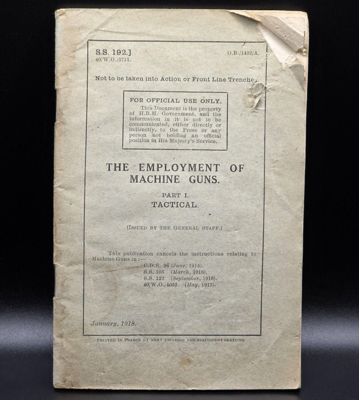 1918 Booklet The Employment of Machine Guns Part 1 Tactical ORIGINAL WWI Era