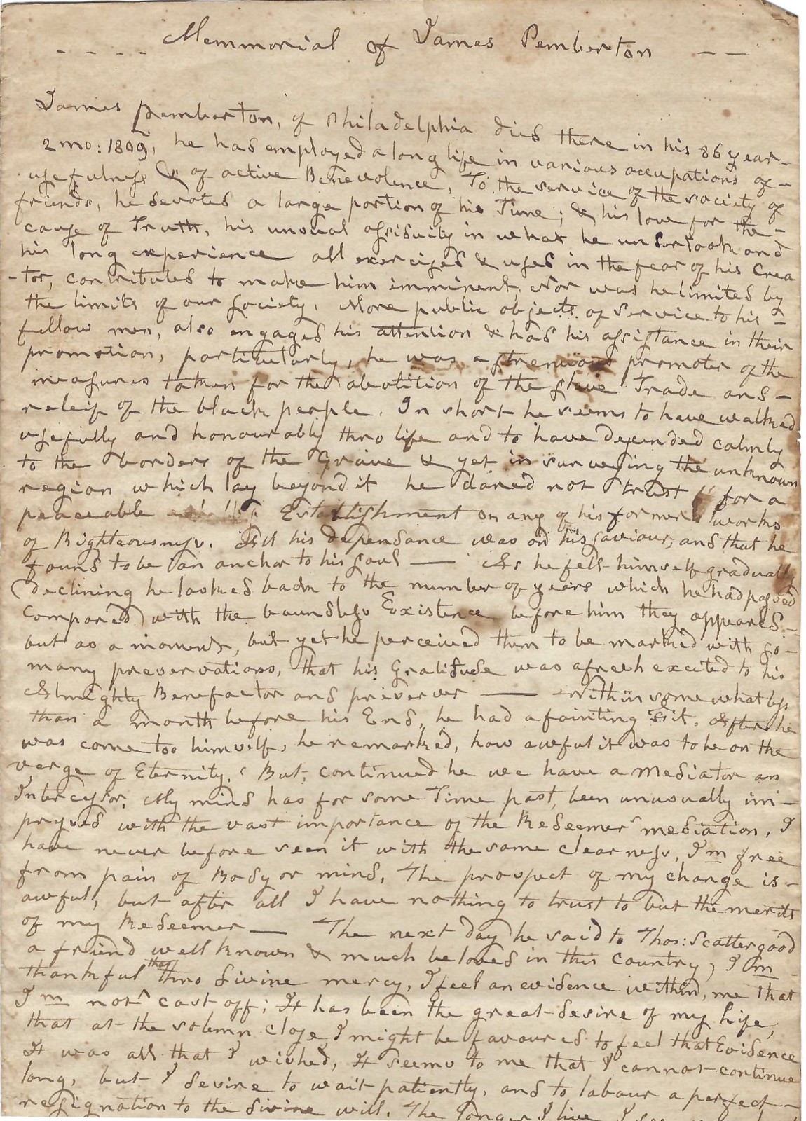 [Benjamin Franklin] Philadelphia Quaker Abolitionist Manuscript Memorial