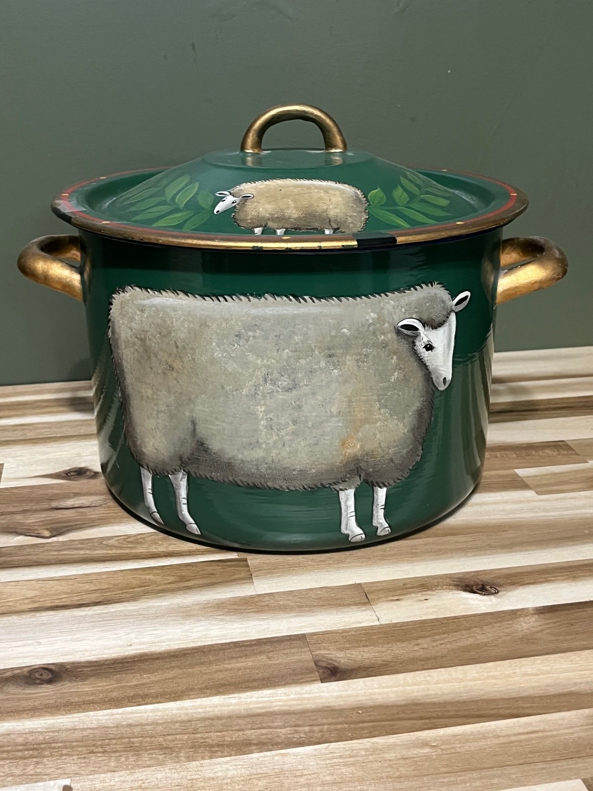 Vintage 2000 Emma Hunk Hand Painted Enamelware Stock Pot with Lid