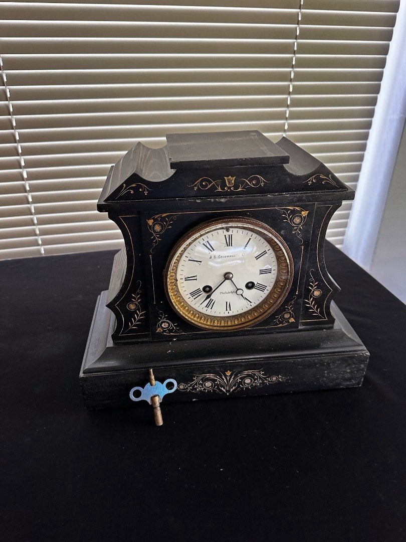 Antique 1880s JE Caldwell Philadelphia Black Slate Marble Mantel Clock Gold Key