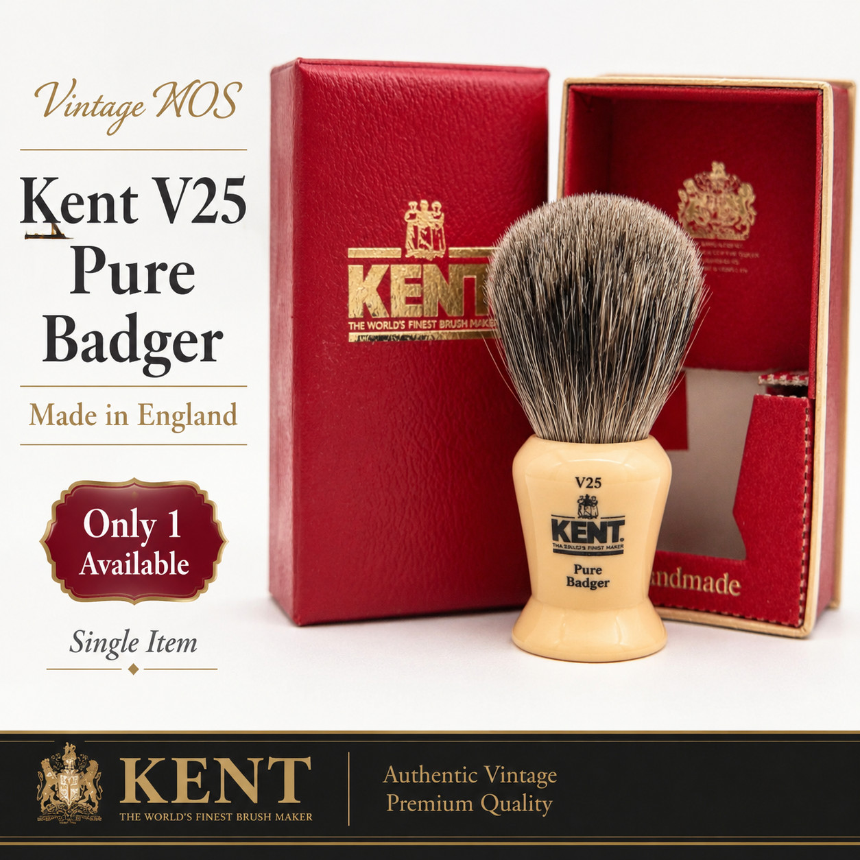 Vintage Kent V25 Pure Badger Shaving Brush w/ Original Box NOS Made in England
