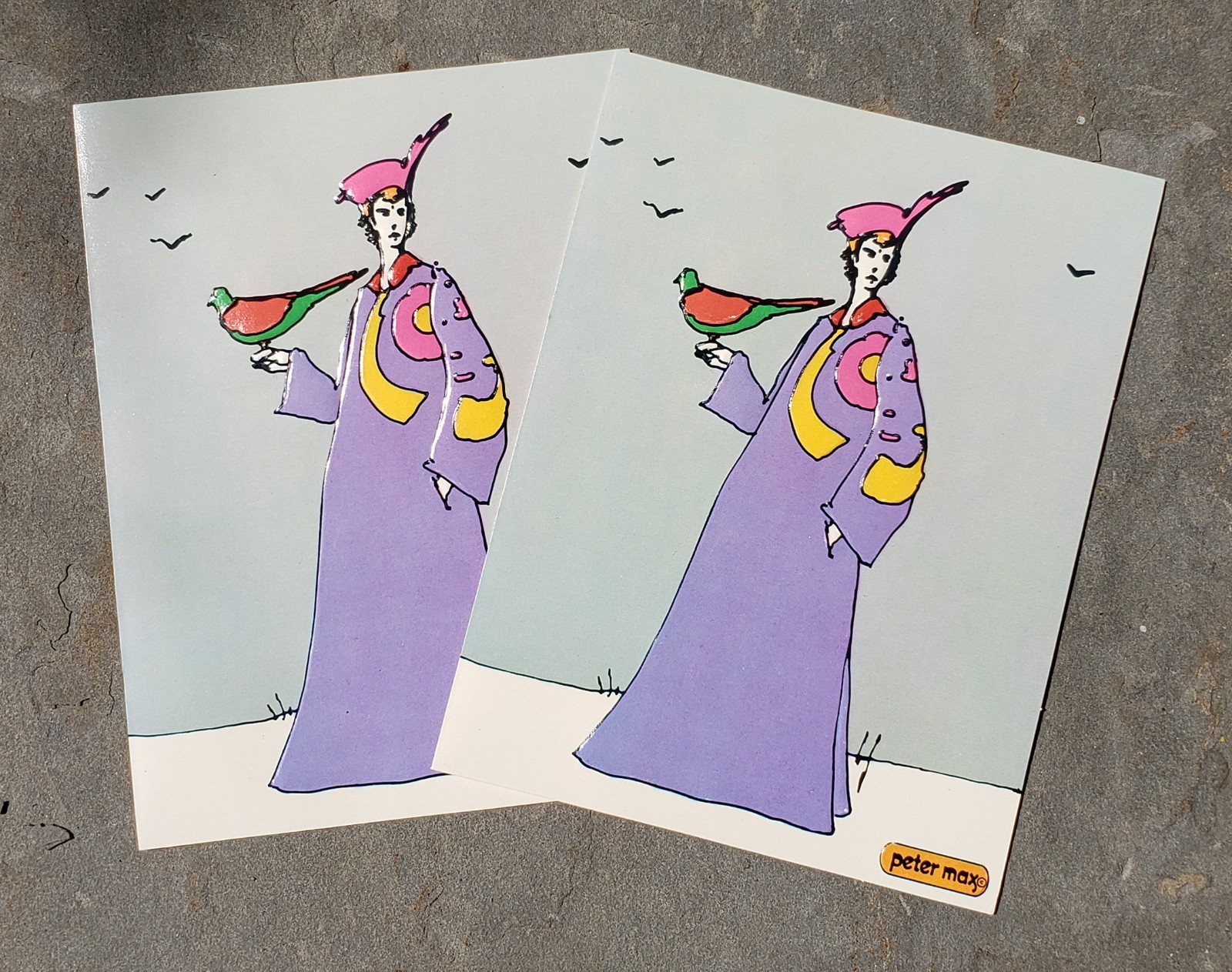 2 Vintage PETER MAX Pop Art Christmas Cards c1970s Man, Bird, Embossed, Regency