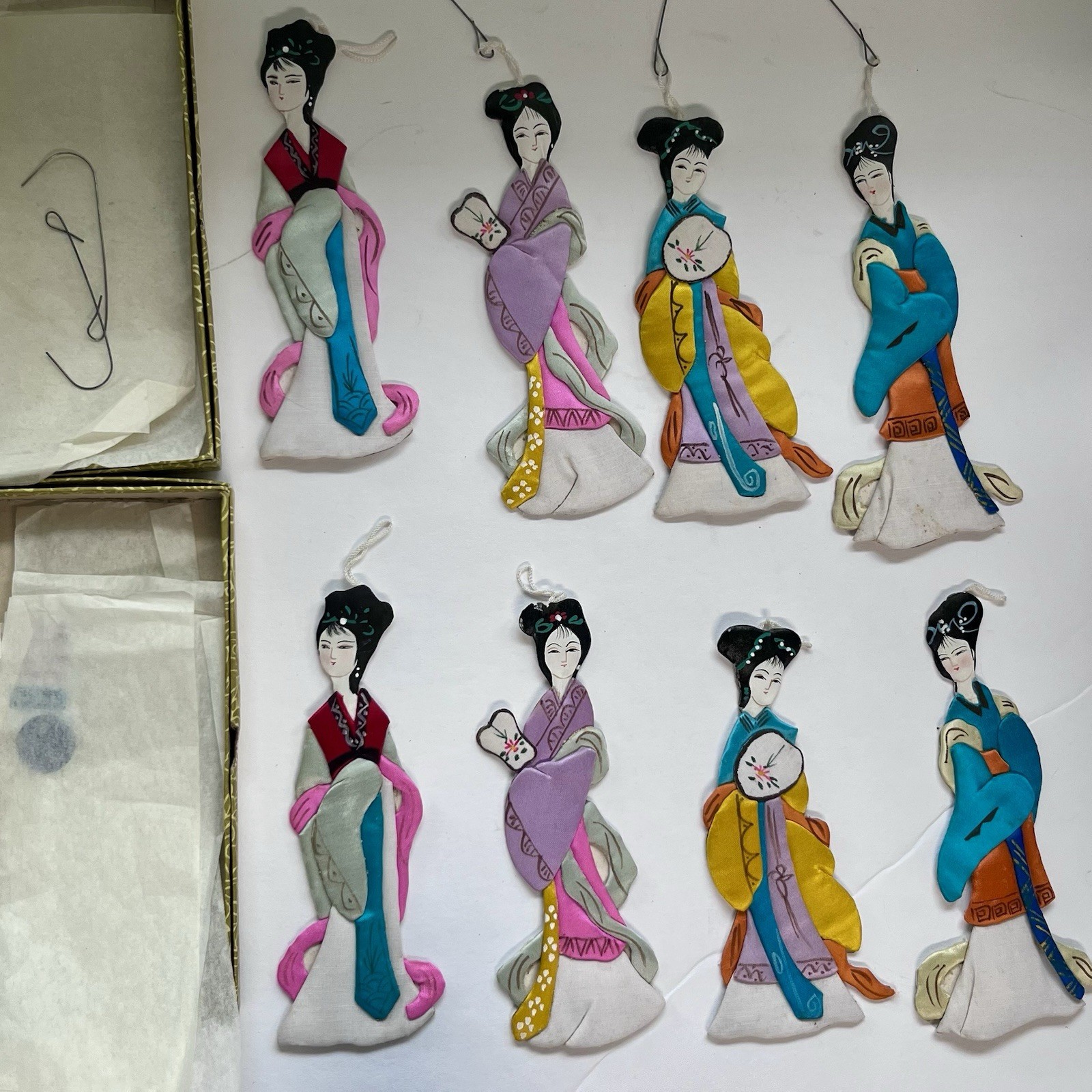 Lot/ 8 Vintage Handcrafted Chinese Silk Paper Dolls (Made into Ornaments) RARE