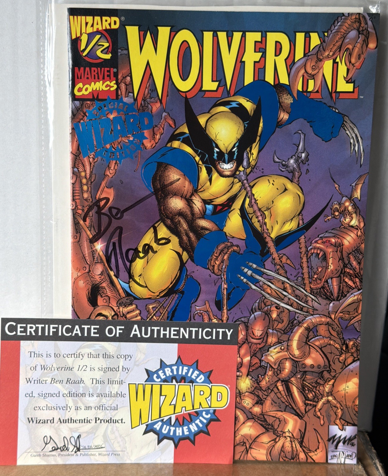 Wizard Wolverine 1/2 signed Ben Raab Blue Foil Exclusive COA Wizard  Foil Stamp