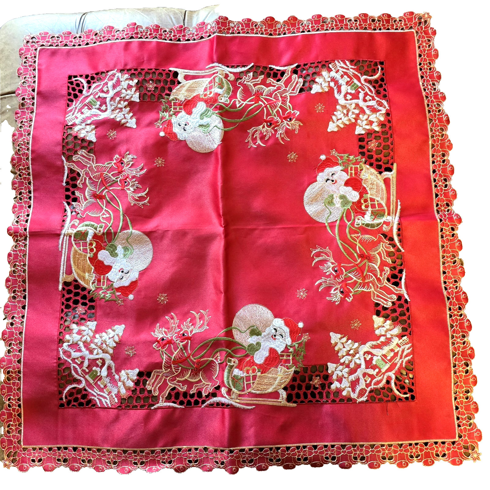 Vtg Square 33 x 33 Red Embroidered Christmas Table Cloth  Santa Reindeer Bells