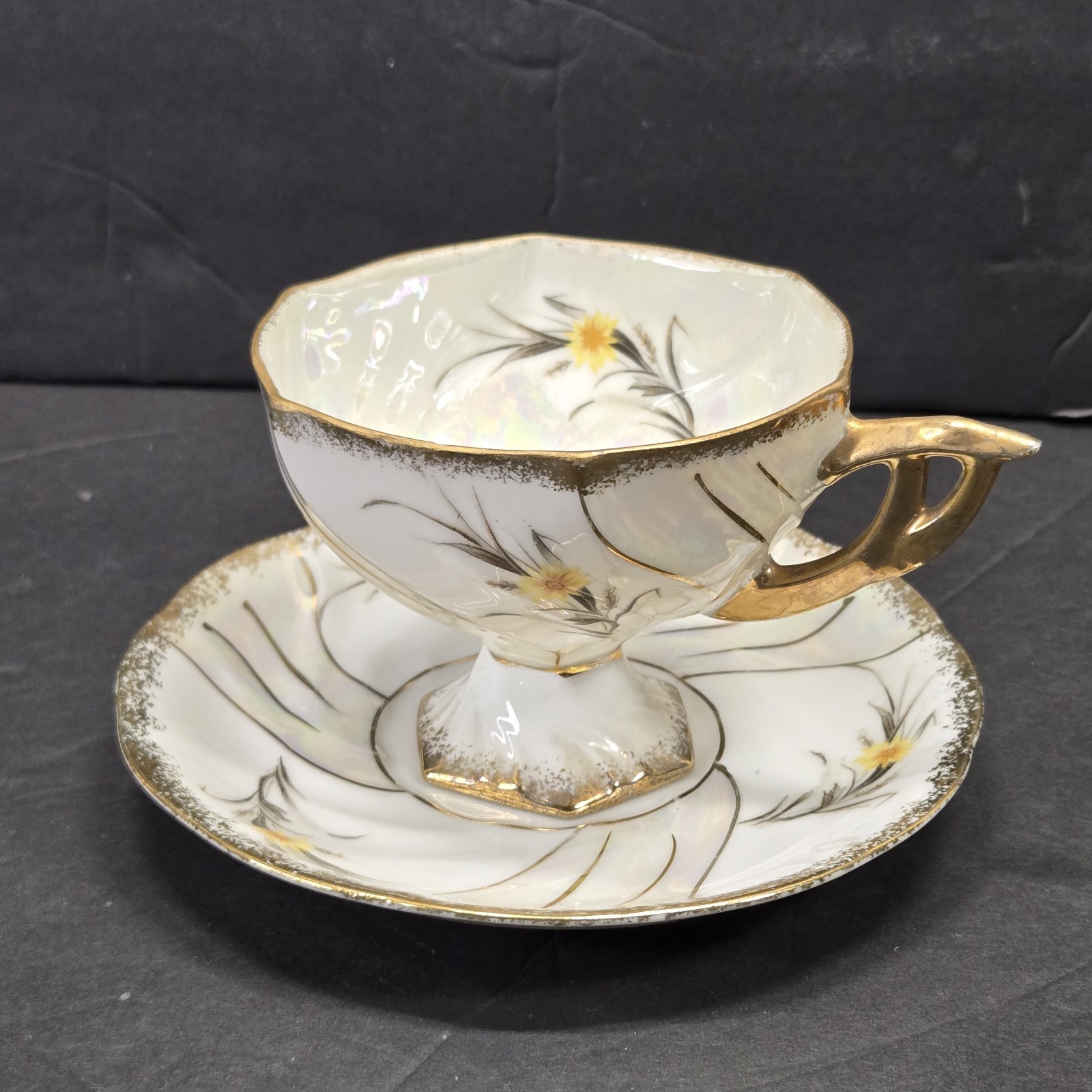 Pandora Japan Porcelain Pedestal Tea Cup Saucer Pearl Luster Yellow Daisy Ornate