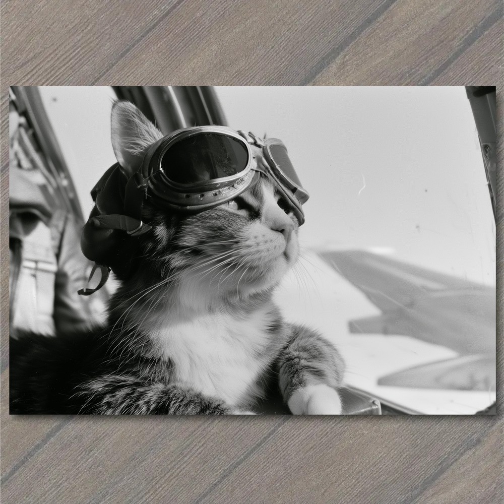 POSTCARD Cat Aviator Goggles Cockpit Window Airplane Wing Black White Humor