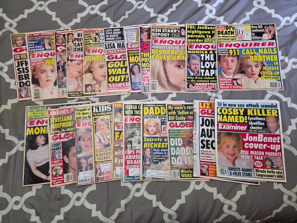 21 Vintage 1990’s Tabloids GLOBE STAR NATIONAL EXAMINER ENQUIRER JonBenet Ramsey