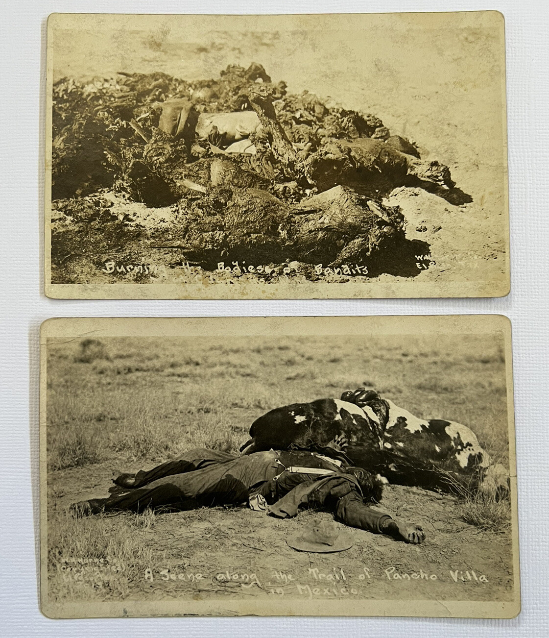 2 Photograph Postcards Trail of Pancho Villa & Burning Bandits Rare Antique