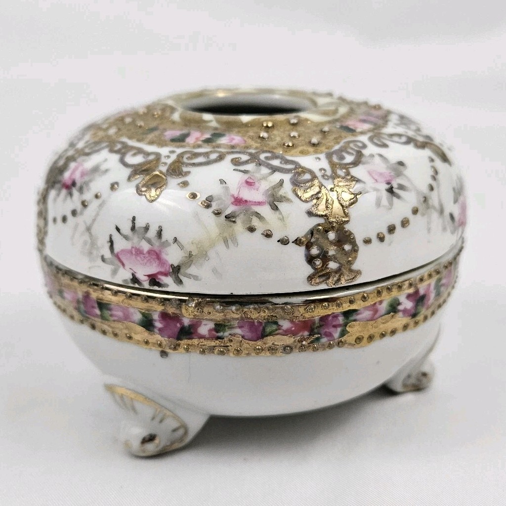 Antique Porcelain Hair Receiver Hand Painted 22k Moriage Trinket Dish Japan