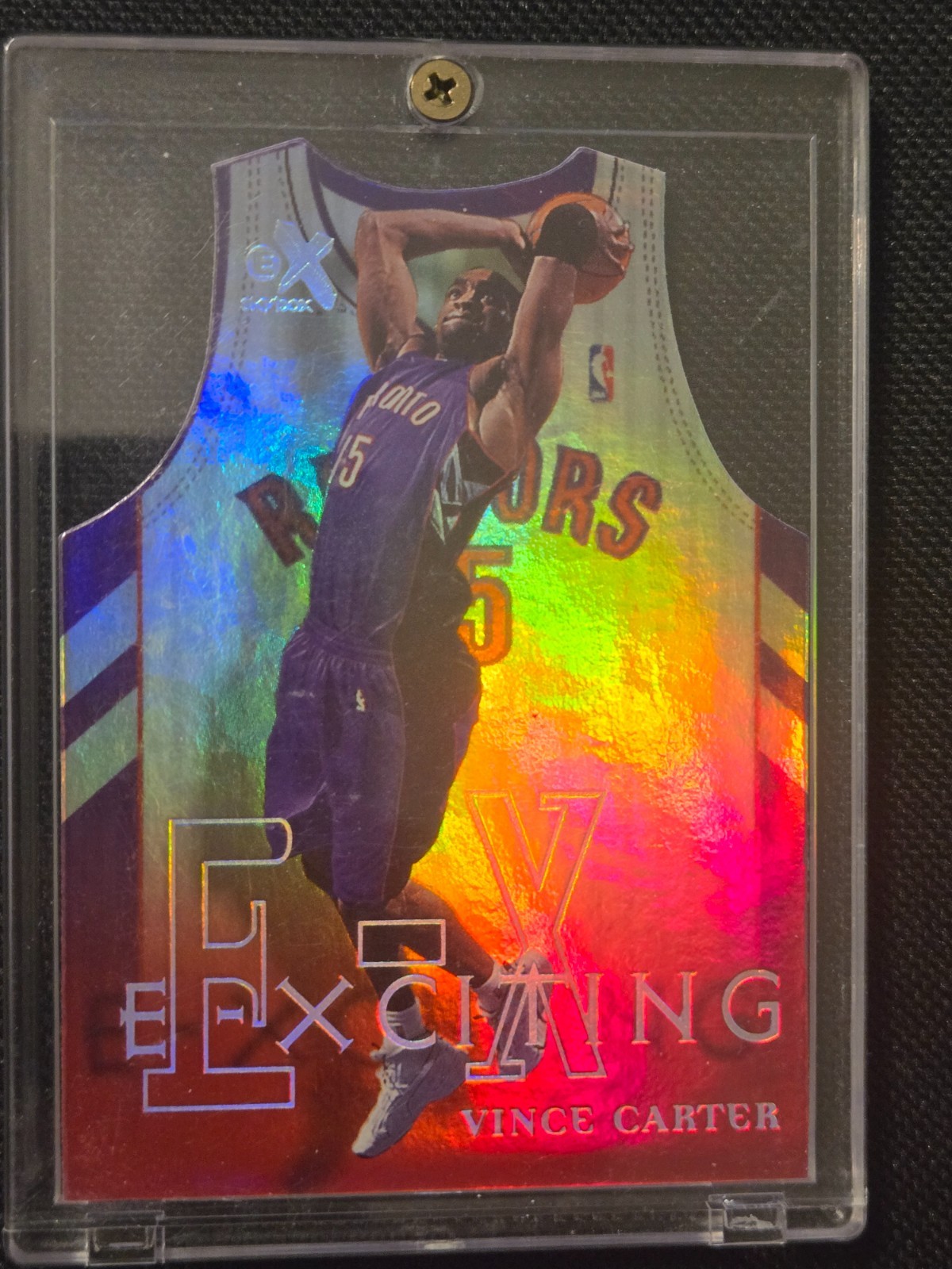 1999-00 EX VINCE CARTER CASE HIT SSP DIE CUT JERSEY E-XCITING INSERT CARD #2/10