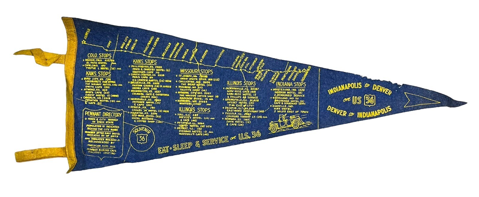 Vintage 1950's US Route 36 Map Travel 27 Inch Felt Pennant Motels Attractions