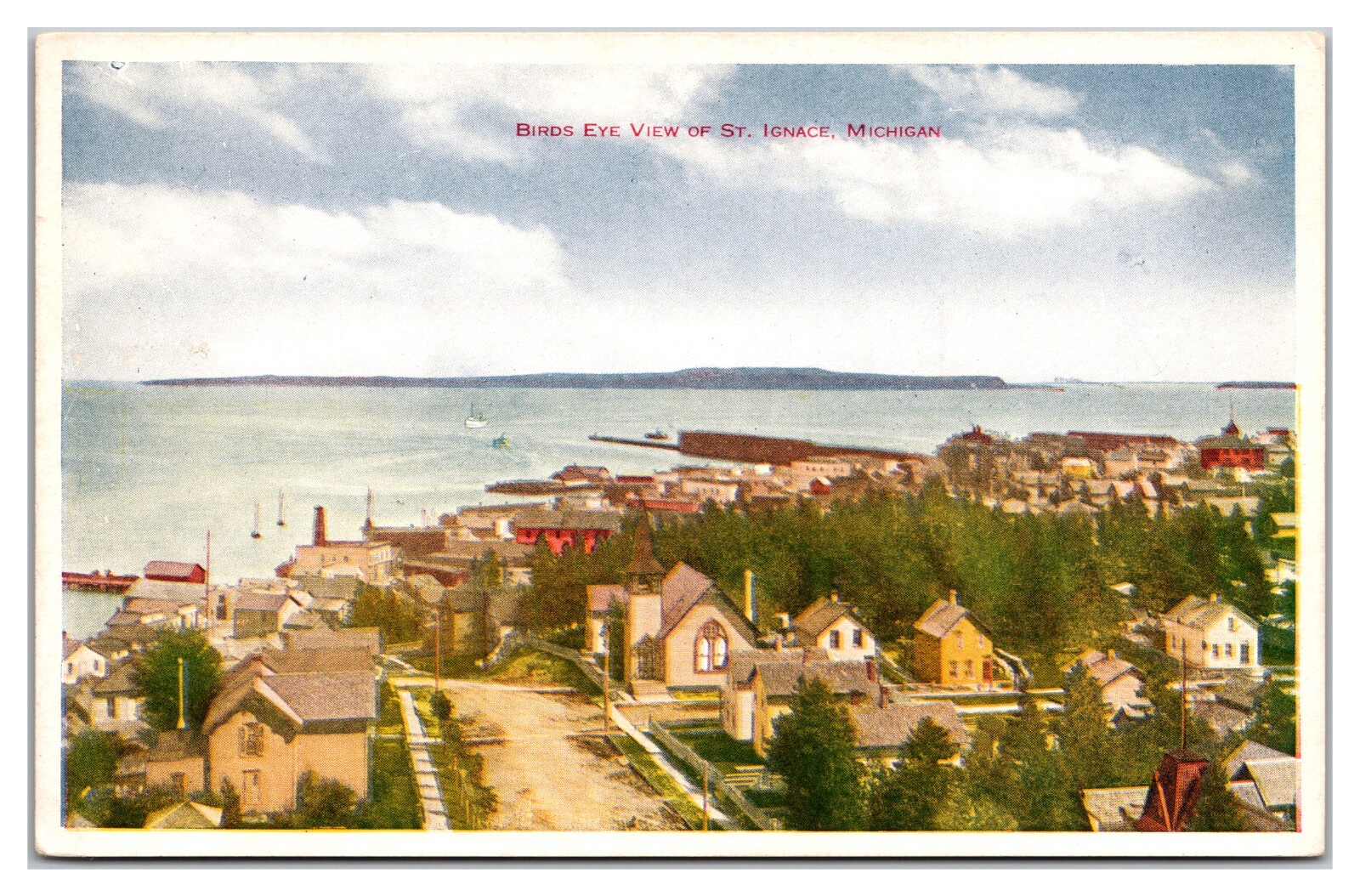 Bird's Eye View Of St. Ignace MI Aerial View Boat Church Pier