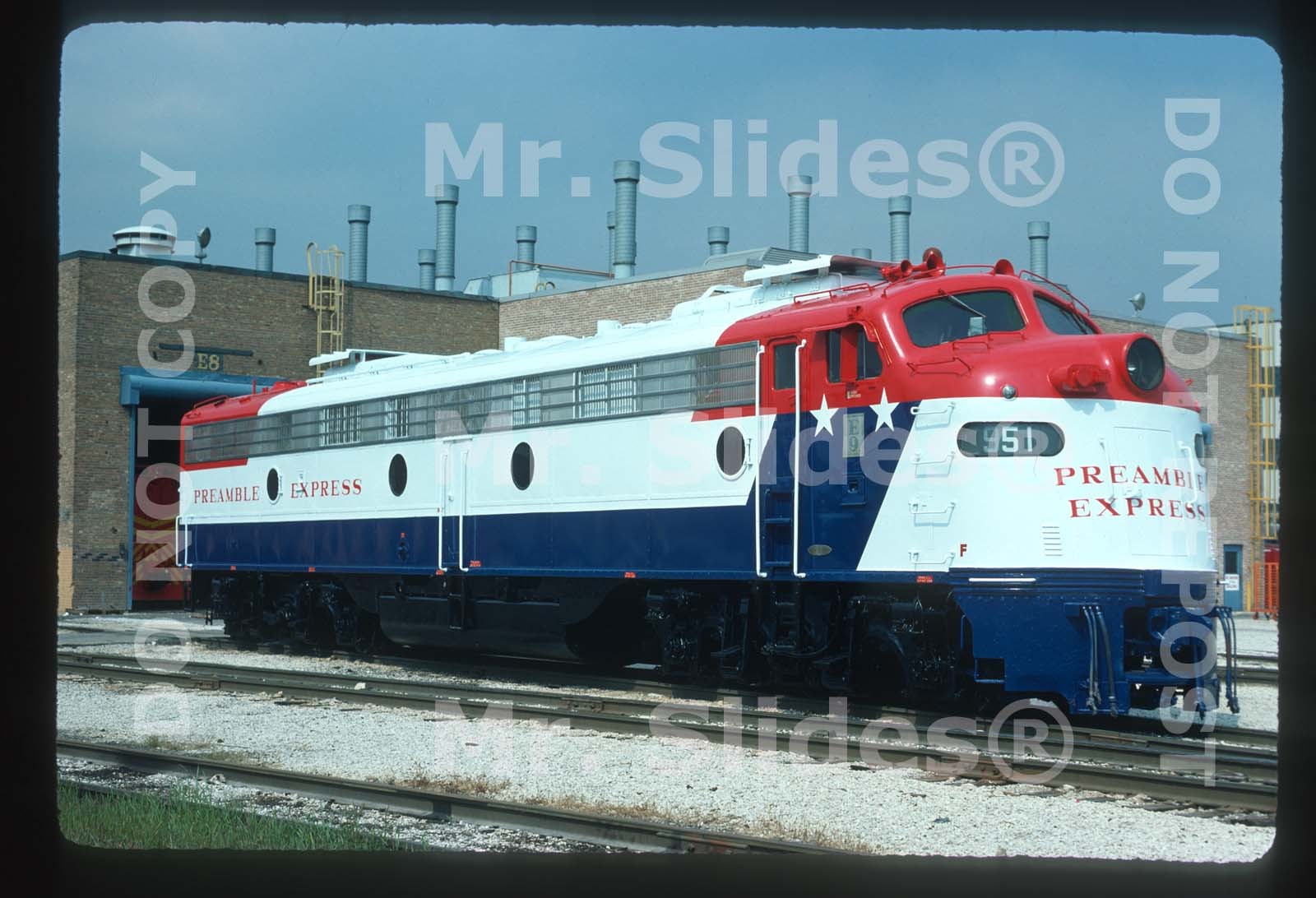 Original Slide Preamble Express/Union Pacific Fresh Paint E9A 951 In 1974 At EMD