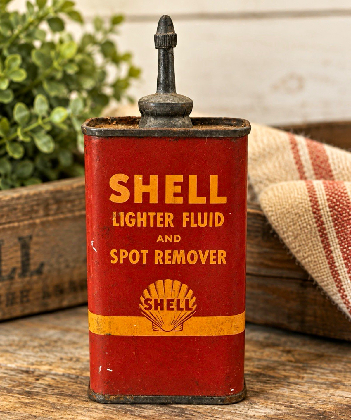 Vintage Shell Lighter Fluid 4 Oz Can Lead Top Spout Petroliana Advertising