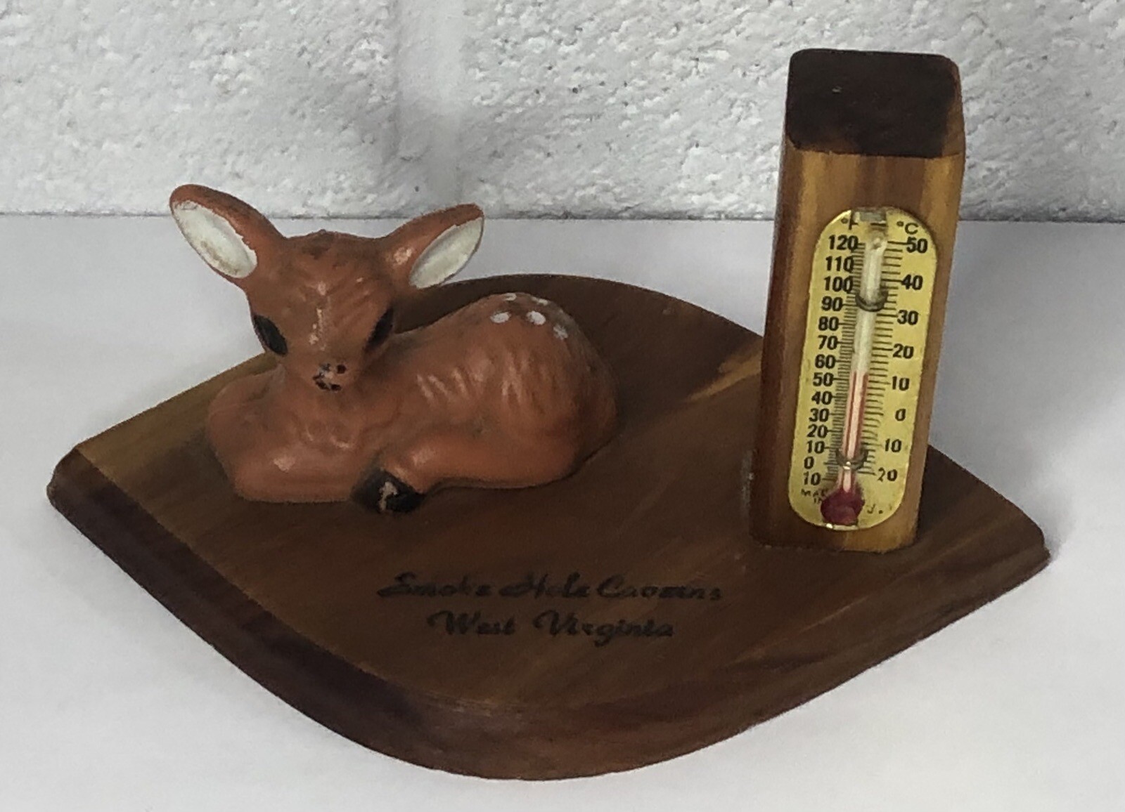 Vintage Smoke Hole Caverns WV Souvenir Thermometer Cute Baby Deer Fawn Wood