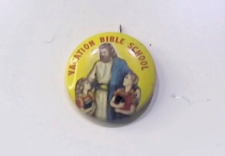 VACATION BIBLE SCHOOL JESUS CHILDREN VINTAGE ADVERTISEMENT BUTTON PIN