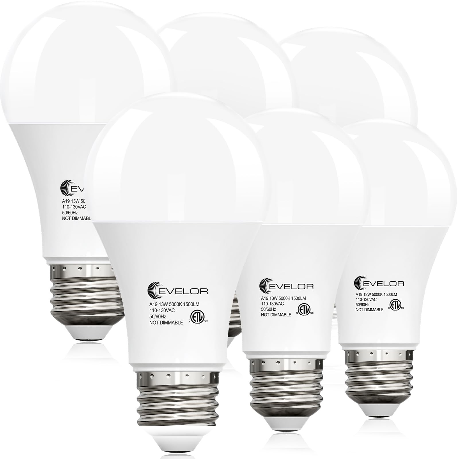 evelor 6-Packs A19 LED Light Bulbs,100 Watt Equivalent 6 Pcs, Daylight 5000k