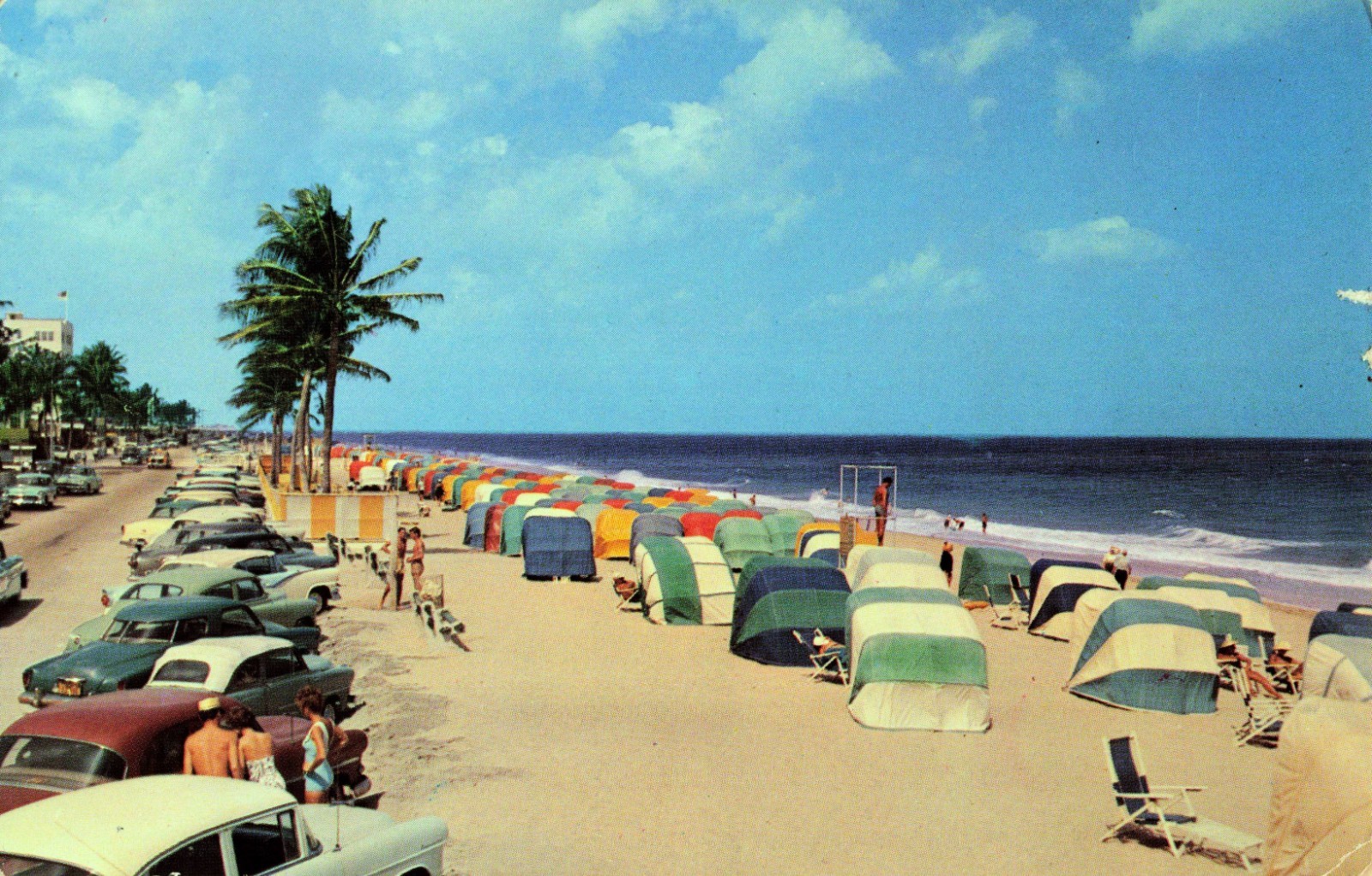 1958 Ft. Lauderdale Florida FL Vintage Postcard Famous Cabana -Lined Beach Sand