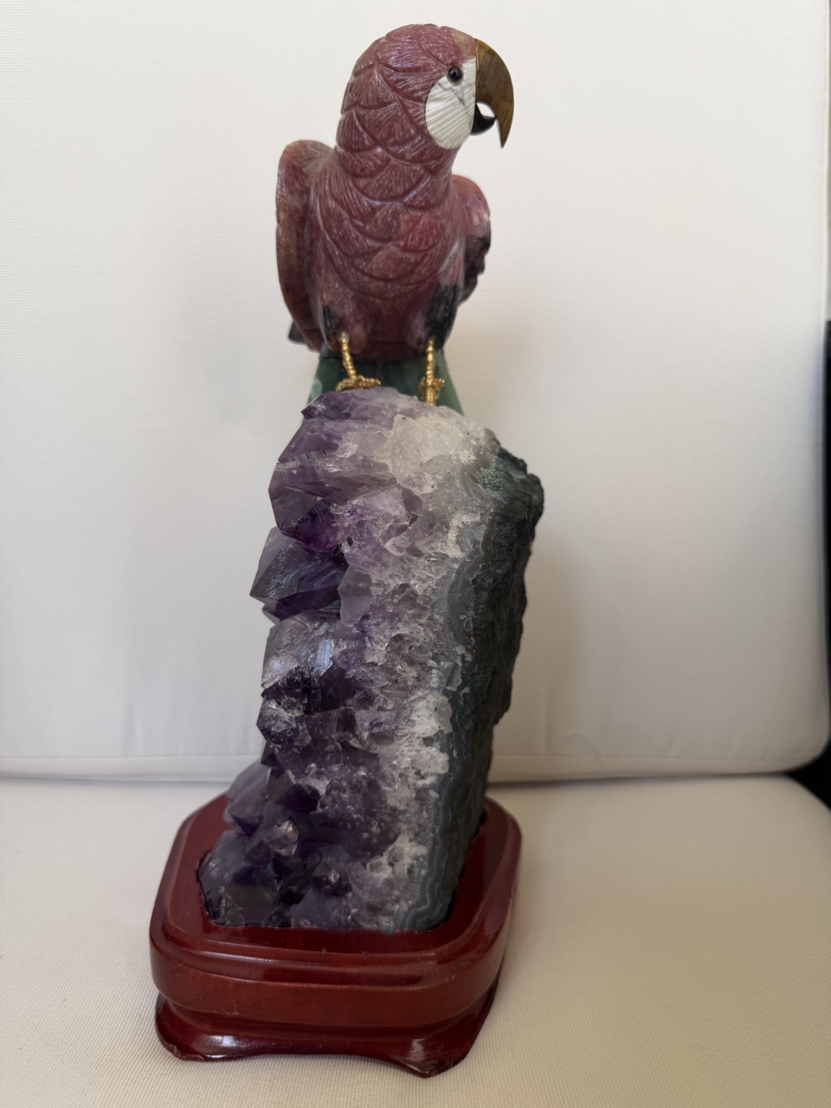 Large Hand-Carved Brazilian Gemstone Parrot on Natural Amethyst Crystal – 12in